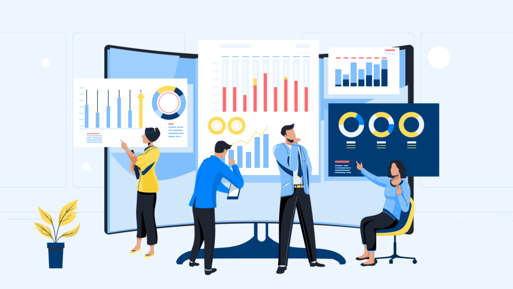 Employees analyzing the frequency and context of search terms using enterprise search analytics to guide their organization's investment decisions.